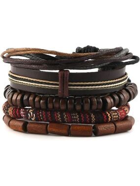 Hemp Leather Wrap Bracelets Unisex Men Women Wood Beads Tribal Ethnic Wristband